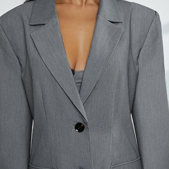 Grey Elegant Women's Oversized Single Breasted Notched Collar Blazer - Picture 4 of 8